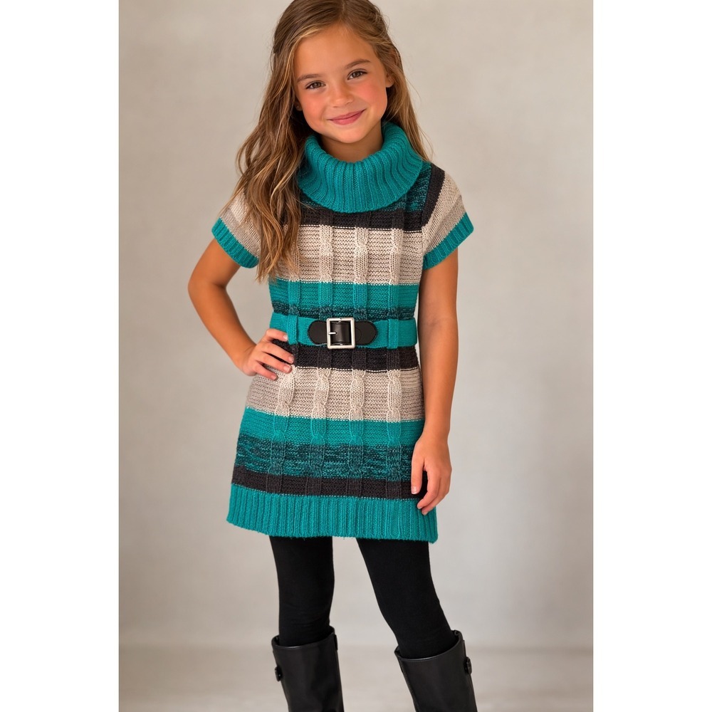 Y2K Star Ride Girls Teal Grey Striped Cable Knit Sweater Dress & Leggings Sz 5/6 - Picture 1 of 5